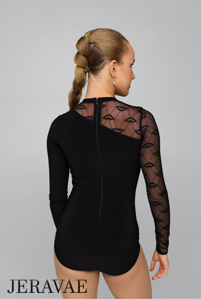 Latin or Ballroom Black Bodysuit Practice Top with Single Mesh Sleeve, Asymmetric Cutout, and Back Zipper Closure PRA 815