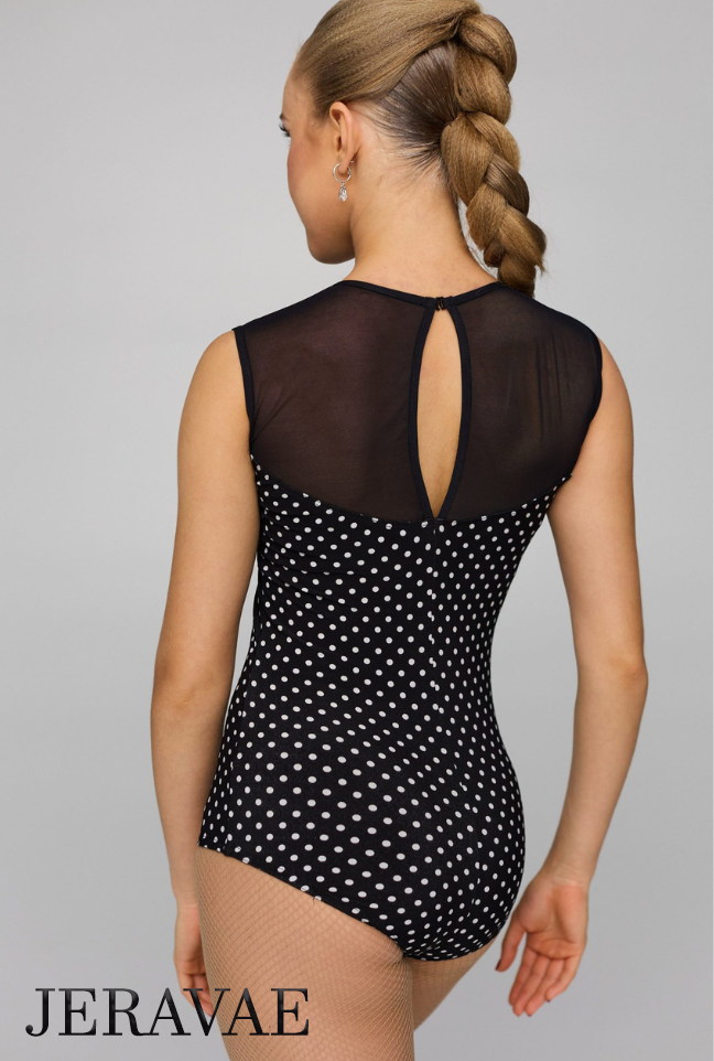 Sleeveless Black and White Polka Dot Latin or Ballroom Bodysuit Practice Top with Illusion Neckline and Keyhole Back PRA 816