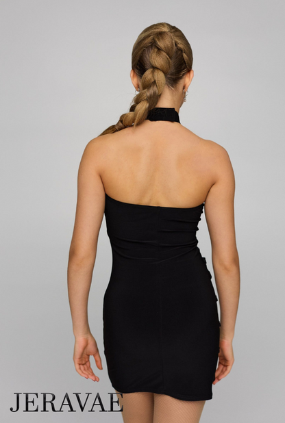 Short Black Halter Latin Practice Dress with Zig Zag Detail Over Nude Crepe PRA 819