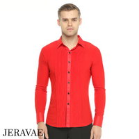 Men's Red Long Sleeve Latin or Rhythm Competition Faux Tuxedo Shirt with Striped Button-up Front Tuck-out Style M053 In Stock