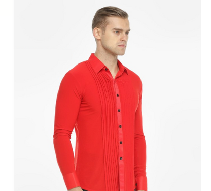 Men's Red Long Sleeve Latin or Rhythm Competition Tuck Out Faux Tuxedo Shirt with Striped Button-up Front M053 in Stock