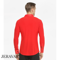 Men's Red Long Sleeve Latin or Rhythm Competition Faux Tuxedo Shirt with Striped Button-up Front Tuck-out Style M053 In Stock