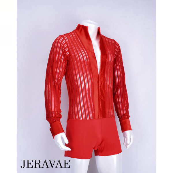 Men's Red Latin Shirt with Mesh Burnout Velvet Ribbed Detail, Satin Lapel, and Soft Tuck-in Shorts/Briefs M054 In Stock