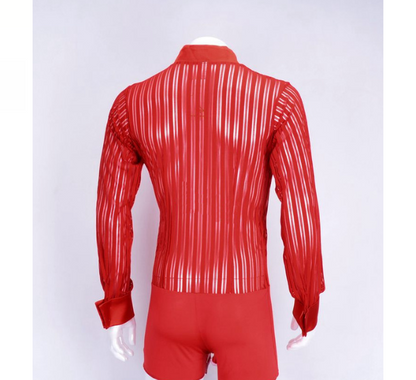 Men's Red Latin Shirt with Mesh Burnout Velvet Ribbed Detail, Satin Lapel, and Soft Tuck-in Shorts/Briefs M054 in Stock