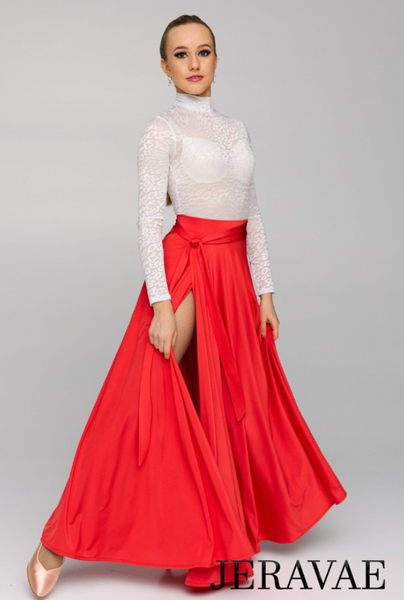 Long Red Ballroom/Tango Practice Skirt with Tie Detail and Soft Hem Pra824
