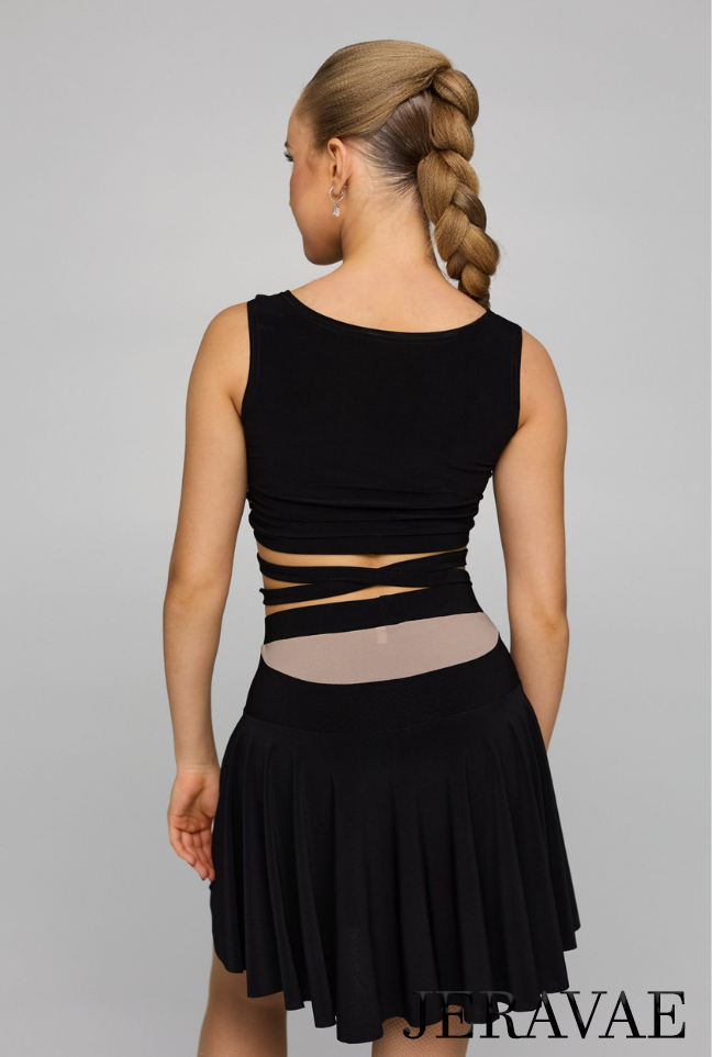 Short Black Latin Practice Skirt with Nude Crepe Panels, Side Slits, and Soft Hem PRA 825