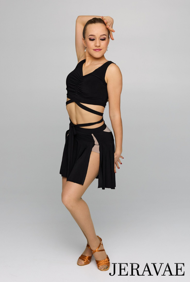 Sleeveless Latin Practice Crop Top with Ruching and Crisscross Front Tie Available in Purple and Black PRA 827