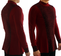 Men's Half Turtle Neck Latin Shirt with Shimmer Fabric Accent and Long Crepe Sleeves. Available in Red or Blue M055 In Stock