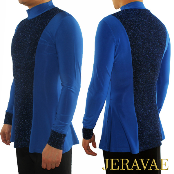 Men's Half Turtle Neck Latin Shirt with Shimmer Fabric Accent and Long Crepe Sleeves Available in Red or Blue M055 in Stock