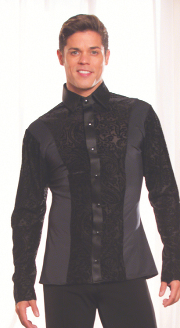 Men's Collared Snap Closure Ballroom Shirt with Velvet Burnout without Trunks MS22