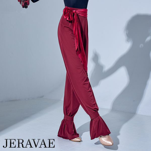 Women's Red or Black High Waisted Loose Fit Ballroom or Latin Practice Pants with Attached Velvet Belt Tie and Ankle Ties PRA 832_sale