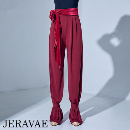 Women's High Waisted Loose Fit Ballroom or Latin Practice Pants with Attached Velvet Belt Tie and Ankle Ties Available in Red or Black PRA 832 in Stock