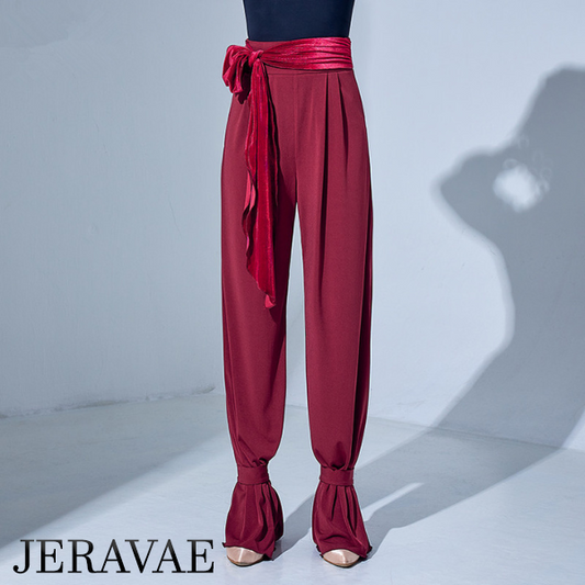 Women's Red or Black High Waisted Loose Fit Ballroom or Latin Practice Pants with Attached Velvet Belt Tie and Ankle Ties PRA 832_sale