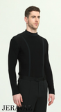 Men's Black Long Sleeve Latin or Rhythm Tuck Out Style Shirt with Mock Turtle Neck and Mesh Accents M056 In Stock
