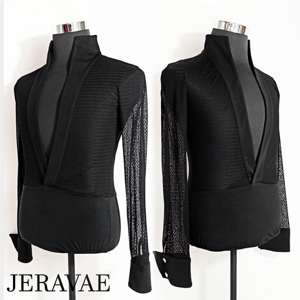 Men's Black Long Sleeve Latin or Rhythm Open Top with Deep V-Neck Bodysuit Tuck In Style Shirt M058 in Stock