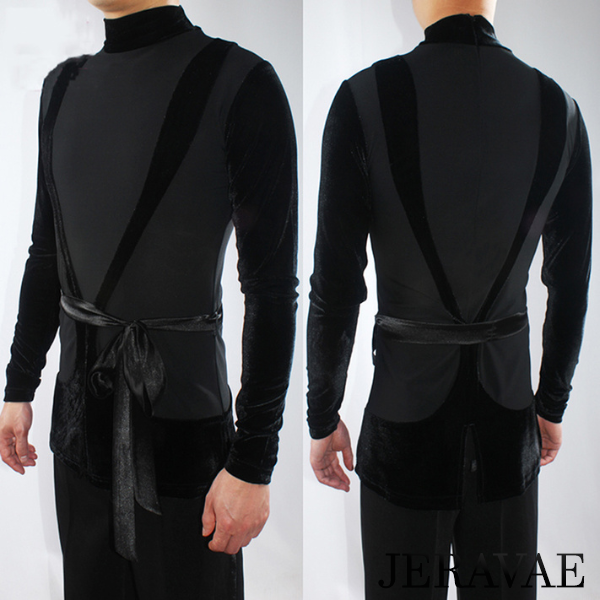 Long Sleeve Men's Latin Competition Shirt with Tie Sash and Velvet Detail Available in Black and Coffee M013 in Stock