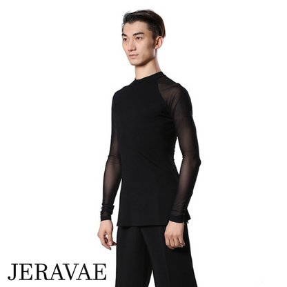 Men's Black Latin or Rhythm Tuck Out Ballroom Shirt with Long Mesh Sleeves and High Neck M059 in Stock