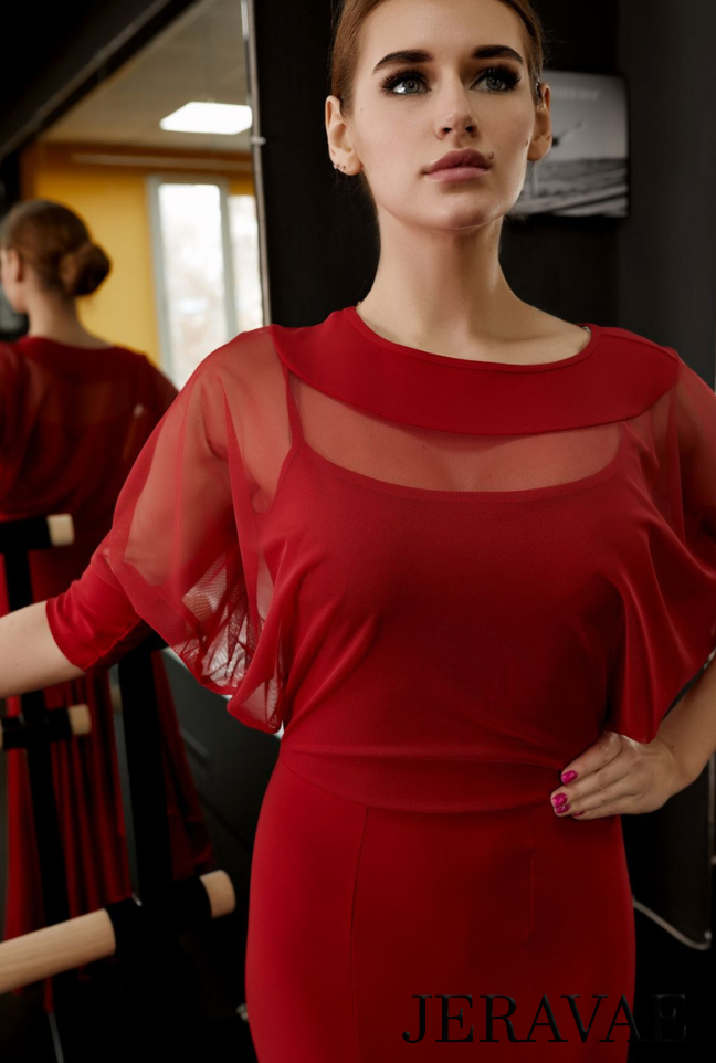 Long Red Ballroom Practice Dress with Mesh Capelet and Half Sleeves PRA 833