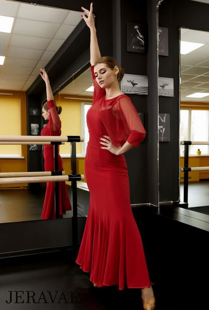 Long Red Ballroom Practice Dress with Mesh Capelet and Half Sleeves PRA 833