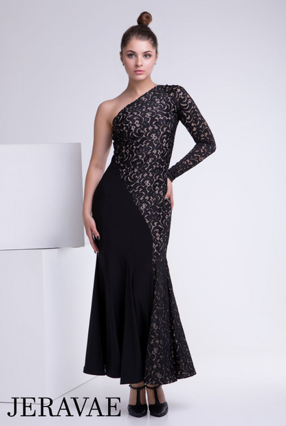 Long Black Ballroom Practice Dress with Asymmetrical Neckline, Single Sleeve, and Beautiful Stretch Lace PRA 834