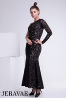 Long Black Ballroom Practice Dress with Asymmetrical Neckline, Single Sleeve, and Beautiful Stretch Lace Pra834