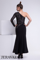Long Black Ballroom Practice Dress with Asymmetrical Neckline, Single Sleeve, and Beautiful Stretch Lace Pra834