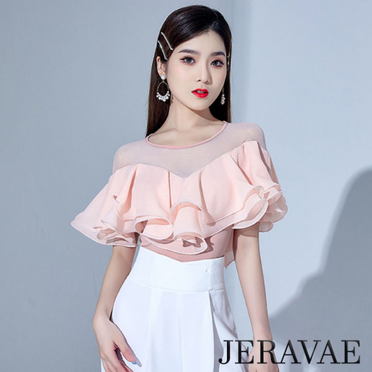 Women's Bodysuit Practice Top with Large Ruffle, Illusion Neckline, and Keyhole Back PRA 836_SALE