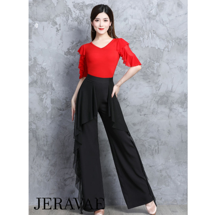 Women's High Waisted Black Latin or Ballroom Practice or Teaching Dance Pants with Flowy Ruffle Detail PRA 838 in Stock