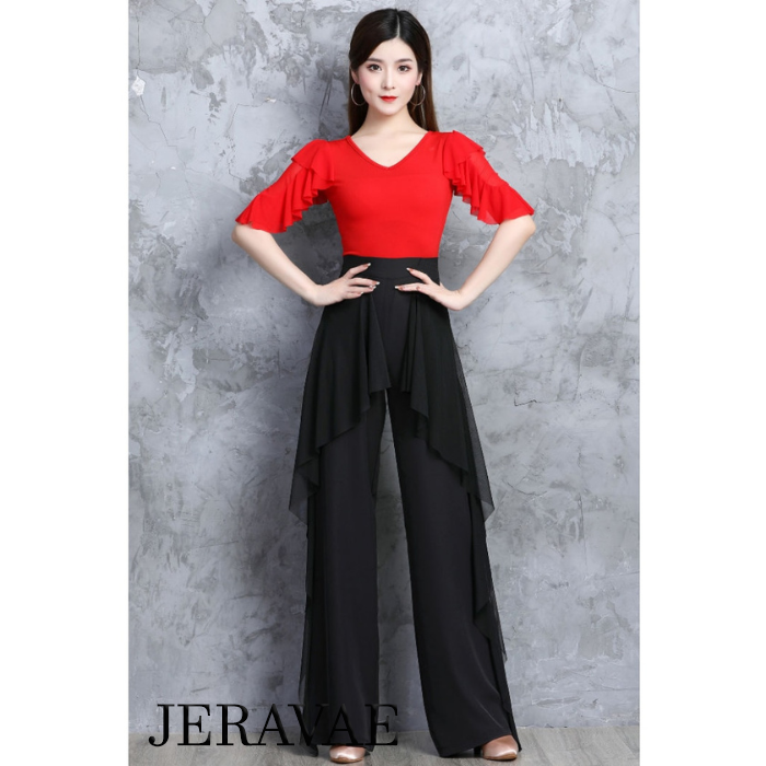 Women's High Waisted Black Latin or Ballroom Practice or Teaching Dance Pants with Flowy Ruffle Detail PRA 838 in Stock