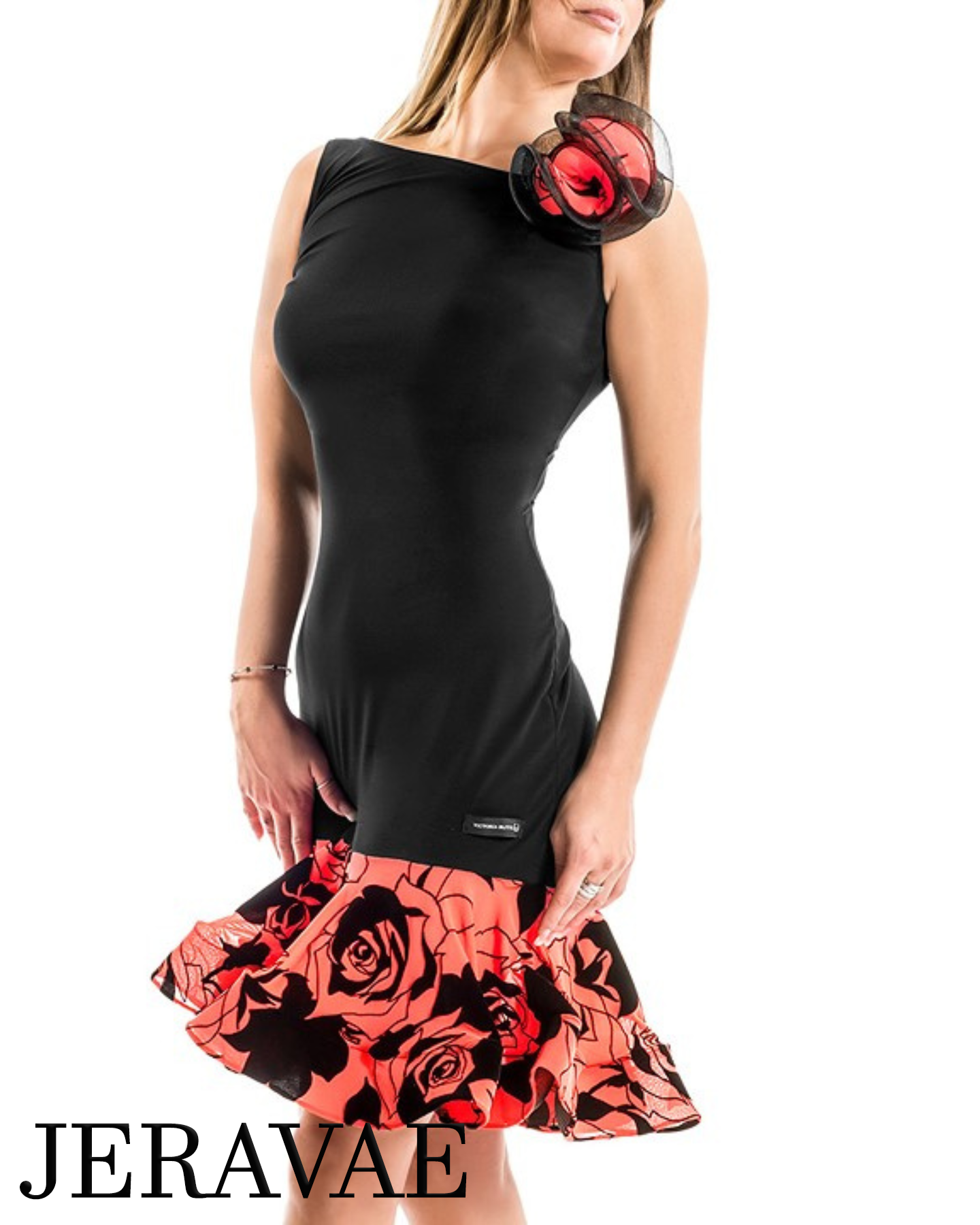 Victoria Blitz Sleeveless Sissi Black Latin Practice Dress with Ruffle Floral Hemline PRA 880 in Stock