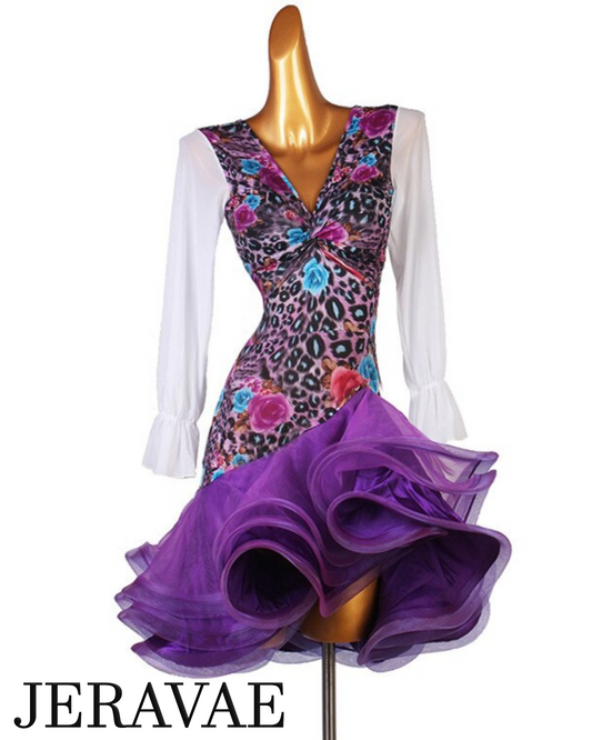 V-Neck Latin Practice Dress with Floral/Leopard Print Bodice, Long Mesh Sleeves, Lace-up Back, and Full Purple Skirt with Horsehair Hem PRA 809 in Stock