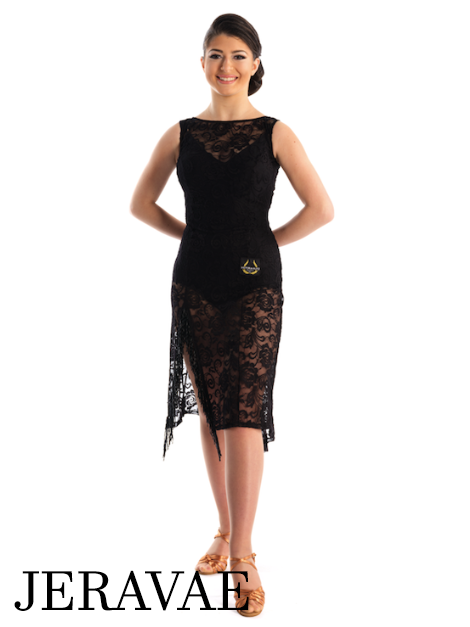 Victoria Blitz Nicol Black Sheer Stretch Lace Latin Practice Dress with Asymmetrical Skirt and Bodysuit Top PRA 735 in Stock