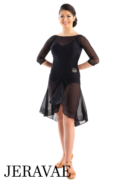 Victoria Blitz Naomi Sheer Black Latin Practice Dress with Boat Neck, 3/4 Length Mesh Sleeves, and Gathered Detail in Front of Skirt PRA 733 in Stock