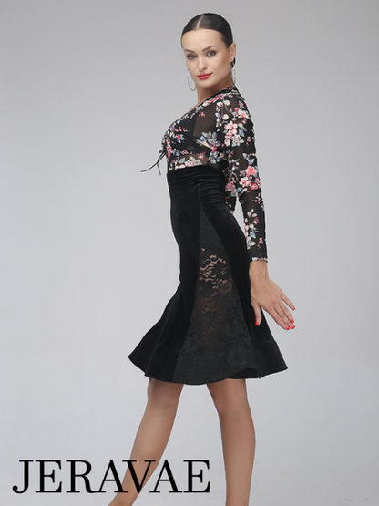 Floral or Tiger Print Latin Practice Dress with High Waist and Transparent Top with Long Sleeves and Lace-up Neckline PRA 410