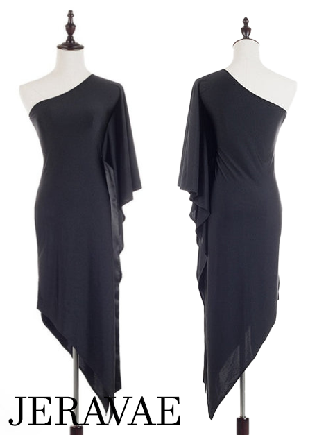 black latin dress with side diagonal skirt and single floating flutter sleeve