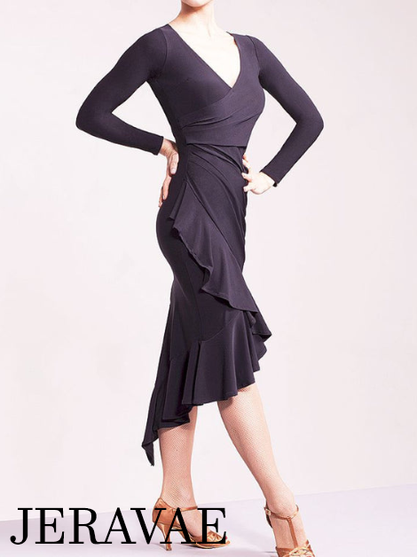 Black latin dress with V-Neck and asymmetrical skirt