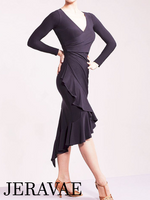 Black Long Sleeve Latin Practice Dress with Wrapped Waistline and Asymmetrical Skirt Pra106_in
