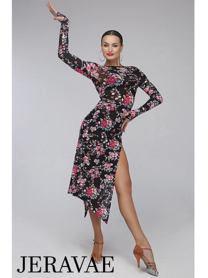 Floral Transparent Mesh Latin Practice Dress with High Slit in Skirt PRA 121_sale
