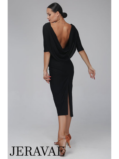 Black Latin Practice/Performance Dress with Back Sash and Half Sleeves Available in Sizes S-XL PRA 122 in Stock