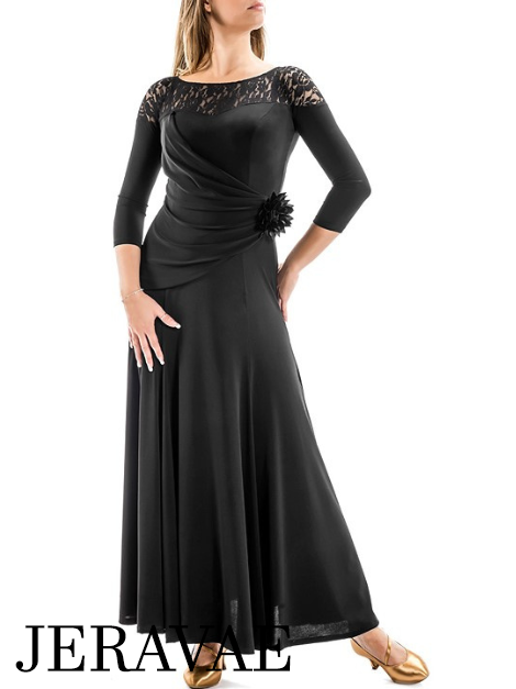Victoria Blitz Edu Black Ballroom Practice Dress with Lace Neckline, 3/4 Length Sleeves, and Ruching PRA 885 in Stock