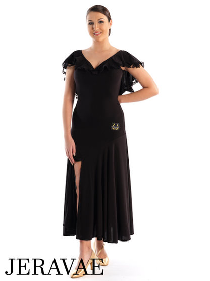 Victoria Blitz Taormina Black Ballroom Practice Dress with V-Neck and Back with a Frilled Layer and Lace Trim and Side Slit in Skirt PRA 748 In Stock