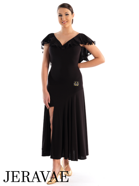 Victoria Blitz Taormina Black Ballroom Practice Dress with V-Neck and Back with a Frilled Layer and Lace Trim and Side Slit in Skirt Pra748 In Stock