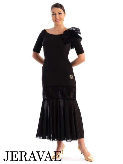 Victoria Blitz Gela Black Ballroom Practice Dress with Boat Neckline, Short Sleeves, Lace Embellishment on One Shoulder, and Long Skirt with Lace Insert PRA 728 in Stock