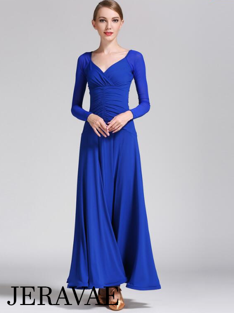 Long Ballroom Practice Dress with Sweetheart Neckline, Long Mesh Sleeves, and Ruching On Waist Available in Multiple Colors PRA 079