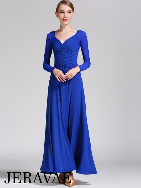 Long Ballroom Practice Dress with Sweetheart Neckline, Long Mesh Sleeves, and Ruching On Waist Available in Multiple Colors Pra079