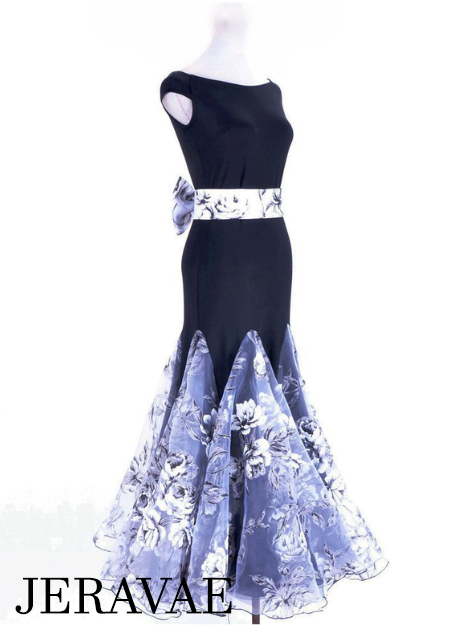 Stunning Black, Silver, and White Floral Ballroom Dress with Black Lycra Bodice and Floral Bow Belt PRA 052 in Stock