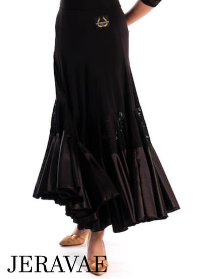 Victoria Blitz Frame Black Ballroom Practice Skirt with Panel of Stretch Lace, Satin Hem, Elastic Waistband, and Wide Skirt PRA 727 In Stock