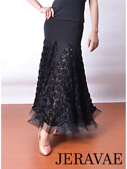 Long Black Ballroom Practice Skirt with 3D Floral Mesh Panels and Horsehair Hem Available in Sizes S-3XL PRA 514