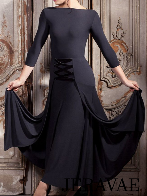 Long Black Ballroom Practice Skirt with Velvet Lace Detail on Front Sizes S-3XL PRA 267 in Stock