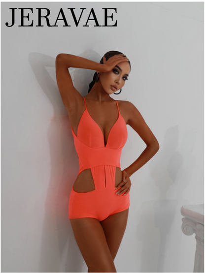ZYM Dance Style Neon Orange Bodysuit with Deep V-Neckline, Sleek Cutouts, and Open Back Sexy Seal Bodysuit Pra807 in Stock